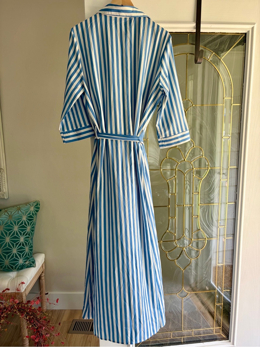 Striped Blue and White Tie-Waist Shirt Dress - Picture 9 of 10